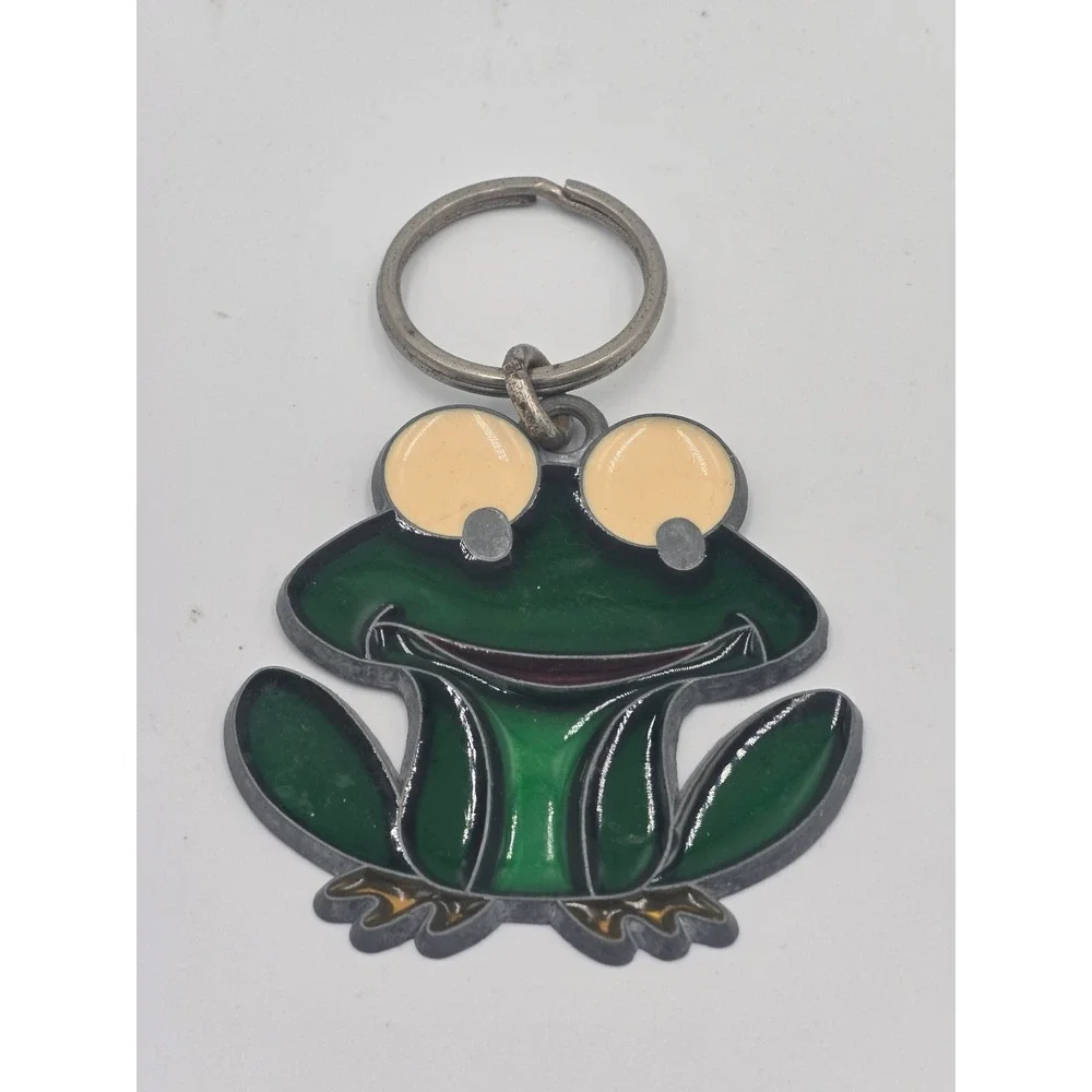 Vintage Green Frog Stained Glass Style Enamel Keychain Silver Tone Metal Ring
